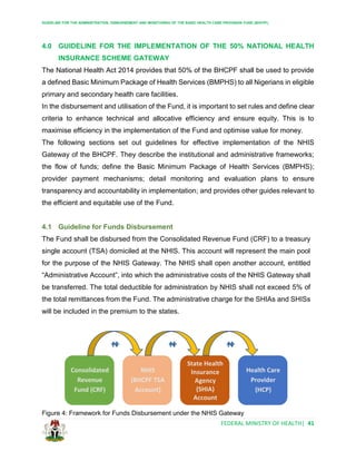 GUIDELINE FOR THE ADMINISTRATION, DISBURSEMENT AND MONITORING OF THE BASIC HEALTH CARE PROVISION FUND (BHCPF)
FEDERAL MINISTRY OF HEALTH| 41
4.0 GUIDELINE FOR THE IMPLEMENTATION OF THE 50% NATIONAL HEALTH
INSURANCE SCHEME GATEWAY
The National Health Act 2014 provides that 50% of the BHCPF shall be used to provide
a defined Basic Minimum Package of Health Services (BMPHS) to all Nigerians in eligible
primary and secondary health care facilities.
In the disbursement and utilisation of the Fund, it is important to set rules and define clear
criteria to enhance technical and allocative efficiency and ensure equity. This is to
maximise efficiency in the implementation of the Fund and optimise value for money.
The following sections set out guidelines for effective implementation of the NHIS
Gateway of the BHCPF. They describe the institutional and administrative frameworks;
the flow of funds; define the Basic Minimum Package of Health Services (BMPHS);
provider payment mechanisms; detail monitoring and evaluation plans to ensure
transparency and accountability in implementation; and provides other guides relevant to
the efficient and equitable use of the Fund.
4.1 Guideline for Funds Disbursement
The Fund shall be disbursed from the Consolidated Revenue Fund (CRF) to a treasury
single account (TSA) domiciled at the NHIS. This account will represent the main pool
for the purpose of the NHIS Gateway. The NHIS shall open another account, entitled
“Administrative Account”, into which the administrative costs of the NHIS Gateway shall
be transferred. The total deductible for administration by NHIS shall not exceed 5% of
the total remittances from the Fund. The administrative charge for the SHIAs and SHISs
will be included in the premium to the states.
Figure 4: Framework for Funds Disbursement under the NHIS Gateway
Consolidated
Revenue
Fund (CRF)
NHIS
(BHCPF TSA
Account)
Health Care
Provider
(HCP)
State Health
Insurance
Agency
(SHIA)
Account
 