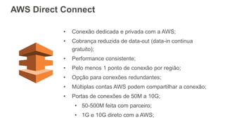 • Conexão dedicada e privada com a AWS;
• Cobrança reduzida de data-out (data-in continua
gratuito);
• Performance consistente;
• Pelo menos 1 ponto de conexão por região;
• Opção para conexões redundantes;
• Múltiplas contas AWS podem compartilhar a conexão;
• Portas de conexões de 50M a 10G;
• 50-500M feita com parceiro;
• 1G e 10G direto com a AWS;
AWS Direct Connect
 
