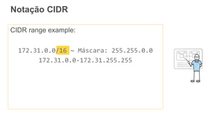 Notação CIDR
CIDR range example:
172.31.0.0/16 ~ Máscara: 255.255.0.0
172.31.0.0-172.31.255.255
 