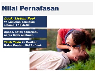 Nilai Pernafasan
Look, Listen, Feel
=> Lakukan penilaian
selama < 10 detik
Apnea, nafas abnormal,
nafas tidak adekuat.
Tidak Yakin => Berikan
Nafas Buatan 10-12 x/mnt.
 