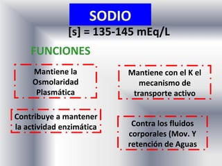 SODIO
              [s] = 135-145 mEq/L
    FUNCIONES
     Mantiene la          Mantiene con el K el
     Osmolaridad             mecanismo de
      Plasmática           transporte activo

Contribuye a mantener
la actividad enzimática    Contra los fluidos
                          corporales (Mov. Y
                          retención de Aguas
 