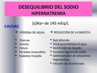DESEQUILIBRIO DEL SODIO
                  HIPERNATREMIA

                  [s]Na> de 145 mEq/L
CAUSAS
     PÉRDIDA DE AGUA            REDUCCIÓN DE LA INGESTA

        Diarrea                 Sed alterada
        Vómito                  Poca accesibilidad al agua
        Fístula                 Restricción de líquido
        Pérdidas Insensibles    Excesiva ingesta de sodio.
        Diabetes Insípida       Administrador de soluciones
                                  Hipertonicas.
                                 Infusión de bicarbonato.
 