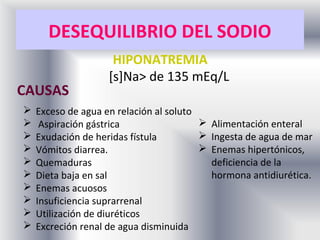 DESEQUILIBRIO DEL SODIO
                     HIPONATREMIA
                    [s]Na> de 135 mEq/L
CAUSAS
   Exceso de agua en relación al soluto
    Aspiración gástrica                  Alimentación enteral
   Exudación de heridas fístula          Ingesta de agua de mar
   Vómitos diarrea.                      Enemas hipertónicos,
   Quemaduras                             deficiencia de la
   Dieta baja en sal                      hormona antidiurética.
   Enemas acuosos
   Insuficiencia suprarrenal
   Utilización de diuréticos
   Excreción renal de agua disminuida
 