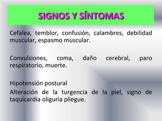 SIGNOS Y SÍNTOMAS
Cefalea, temblor, confusión, calambres, debilidad
muscular, espasmo muscular.

Convulsiones, coma,      daño    cerebral,   paro
respiratorio, muerte.

Hipotensión postural
Alteración de la turgencia de la piel, signo de
taquicardia oliguria pliegue.
 