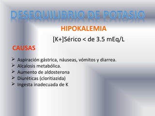 HIPOKALEMIA
                     [K+]Sérico < de 3.5 mEq/L
CAUSAS
   Aspiración gástrica, náuseas, vómitos y diarrea.
   Alcalosis metabólica.
   Aumento de aldosterona
   Diuréticas (cloritiazida)
   Ingesta inadecuada de K
 