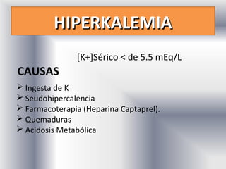 HIPERKALEMIA
               [K+]Sérico < de 5.5 mEq/L
CAUSAS
 Ingesta de K
 Seudohipercalencia
 Farmacoterapia (Heparina Captaprel).
 Quemaduras
 Acidosis Metabólica
 