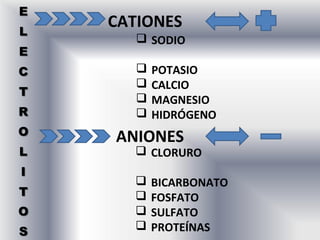 CATIONES
    SODIO

      POTASIO
      CALCIO
      MAGNESIO
      HIDRÓGENO
ANIONES
   CLORURO

      BICARBONATO
      FOSFATO
      SULFATO
      PROTEÍNAS
 
