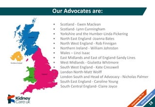 What is Advocacy?
• Scotland - Ewen Maclean
• Scotland- Lynn Cunningham
• Yorkshire and the Humber-Linda Pickering
• North East England -Joanna Bates
• North West England - Rob Finnigan
• Northern Ireland - William Johnston
• Wales – Linzi Isaac
• East Midlands and East of England-Sandy Lines
• West Midlands - Giulietta Whitmore
• South West England - Kate Cresswell
• London North-Matt Wolff
• London South and Head of Advocacy - Nicholas Palmer
• South East England - Caroline Young
• South Central England- Claire Joyce
Our Advocates are:
 