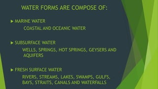 WATER FORMS ARE COMPOSE OF: 
 MARINE WATER 
COASTAL AND OCEANIC WATER 
 SUBSURFACE WATER 
WELLS, SPRINGS, HOT SPRINGS, GEYSERS AND 
AQUIFERS 
 FRESH SURFACE WATER 
RIVERS, STREAMS, LAKES, SWAMPS, GULFS, 
BAYS, STRAITS, CANALS AND WATERFALLS 
 