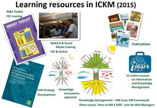 Learning resources in ICKM (2015)
ICM Strategy
Development
M&E Toolkit
F2F training
PublicationsWeb2.0 & Social
Media training
F2F & Online
Knowledge Management – KM Scan; KM Framework
Short course ‘Intro to KM 4 ARD’ also for Mid-Managers
11 online courses
on Information
and Knowledge
Management
Knowledge
ecosystems
approach
 