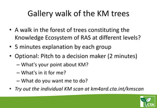 Gallery walk of the KM trees
• A walk in the forest of trees constituting the
Knowledge Ecosystem of RAS at different levels?
• 5 minutes explanation by each group
• Optional: Pitch to a decision maker (2 minutes)
– What's your point about KM?
– What's in it for me?
– What do you want me to do?
• Try out the individual KM scan at km4ard.cta.int/kmscan
 