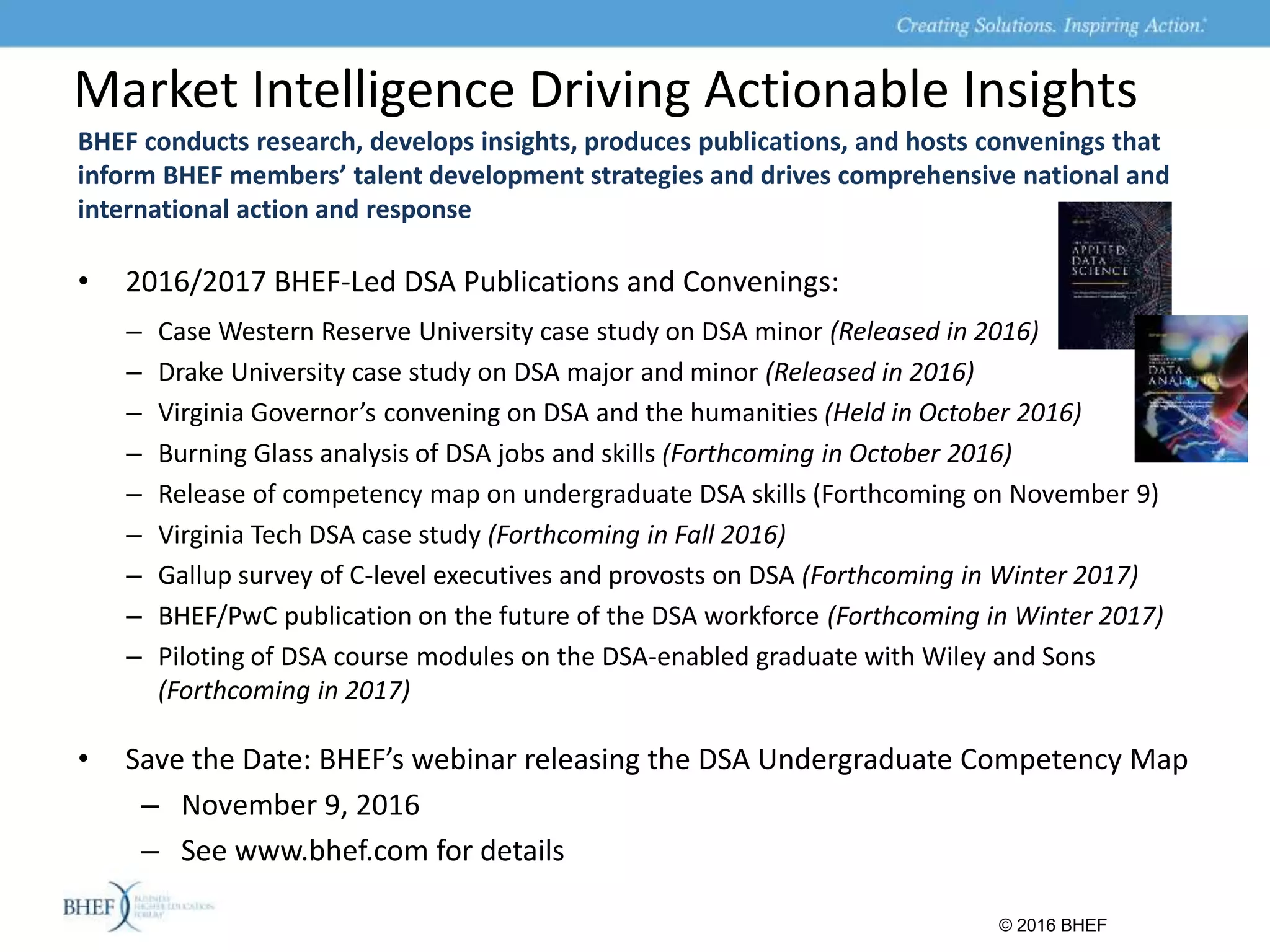 Market Intelligence Driving Actionable Insights
BHEF conducts research, develops insights, produces publications, and hosts convenings that
inform BHEF members’ talent development strategies and drives comprehensive national and
international action and response
• 2016/2017 BHEF-Led DSA Publications and Convenings:
– Case Western Reserve University case study on DSA minor (Released in 2016)
– Drake University case study on DSA major and minor (Released in 2016)
– Virginia Governor’s convening on DSA and the humanities (Held in October 2016)
– Burning Glass analysis of DSA jobs and skills (Forthcoming in October 2016)
– Release of competency map on undergraduate DSA skills (Forthcoming on November 9)
– Virginia Tech DSA case study (Forthcoming in Fall 2016)
– Gallup survey of C-level executives and provosts on DSA (Forthcoming in Winter 2017)
– BHEF/PwC publication on the future of the DSA workforce (Forthcoming in Winter 2017)
– Piloting of DSA course modules on the DSA-enabled graduate with Wiley and Sons
(Forthcoming in 2017)
• Save the Date: BHEF’s webinar releasing the DSA Undergraduate Competency Map
– November 9, 2016
– See www.bhef.com for details
© 2016 BHEF
 