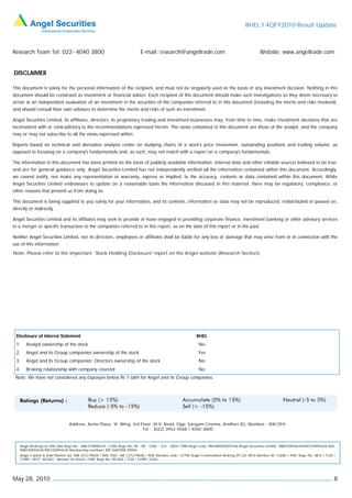 BHEL I 4QFY2010 Result Update



Research Team Tel: 022- 4040 3800                                         E-mail: research@angeltrade.com                                       Website: www.angeltrade.com


DISCLAIMER

This document is solely for the personal information of the recipient, and must not be singularly used as the basis of any investment decision. Nothing in this
document should be construed as investment or financial advice. Each recipient of this document should make such investigations as they deem necessary to
arrive at an independent evaluation of an investment in the securities of the companies referred to in this document (including the merits and risks involved),
and should consult their own advisors to determine the merits and risks of such an investment.

Angel Securities Limited, its affiliates, directors, its proprietary trading and investment businesses may, from time to time, make investment decisions that are
inconsistent with or contradictory to the recommendations expressed herein. The views contained in this document are those of the analyst, and the company
may or may not subscribe to all the views expressed within.

Reports based on technical and derivative analysis center on studying charts of a stock's price movement, outstanding positions and trading volume, as
opposed to focusing on a company's fundamentals and, as such, may not match with a report on a company's fundamentals.

The information in this document has been printed on the basis of publicly available information, internal data and other reliable sources believed to be true,
and are for general guidance only. Angel Securities Limited has not independently verified all the information contained within this document. Accordingly,
we cannot testify, nor make any representation or warranty, express or implied, to the accuracy, contents or data contained within this document. While
Angel Securities Limited endeavours to update on a reasonable basis the information discussed in this material, there may be regulatory, compliance, or
other reasons that prevent us from doing so.

This document is being supplied to you solely for your information, and its contents, information or data may not be reproduced, redistributed or passed on,
directly or indirectly.

Angel Securities Limited and its affiliates may seek to provide or have engaged in providing corporate finance, investment banking or other advisory services
in a merger or specific transaction to the companies referred to in this report, as on the date of this report or in the past.

Neither Angel Securities Limited, nor its directors, employees or affiliates shall be liable for any loss or damage that may arise from or in connection with the
use of this information.
Note: Please refer to the important `Stock Holding Disclosure' report on the Angel website (Research Section).




 Disclosure of Interest Statement                                                                          BHEL
 1.    Analyst ownership of the stock                                                                       No
 2.    Angel and its Group companies ownership of the stock                                                 Yes
 3.    Angel and its Group companies’ Directors ownership of the stock                                      No
 4.    Broking relationship with company covered                                                            No
 Note: We have not considered any Exposure below Rs 1 lakh for Angel and its Group companies.




                                Address: Acme Plaza, ‘A’ Wing, 3rd Floor, M.V. Road, Opp. Sangam Cinema, Andheri (E), Mumbai - 400 059.
                                                                    Tel : (022) 3952 4568 / 4040 3800



    Angel Broking Ltd: BSE Sebi Regn No : INB 010996539 / CDSL Regn No: IN - DP - CDSL - 234 - 2004 / PMS Regn Code: PM/INP000001546 Angel Securities Ltd:BSE: INB010994639/INF010994639 NSE:
    INB230994635/INF230994635 Membership numbers: BSE 028/NSE:09946
    Angel Capital & Debt Market Ltd: INB 231279838 / NSE FNO: INF 231279838 / NSE Member code -12798 Angel Commodities Broking (P) Ltd: MCX Member ID: 12685 / FMC Regn No: MCX / TCM /
    CORP / 0037 NCDEX : Member ID 00220 / FMC Regn No: NCDEX / TCM / CORP / 0302




May 28, 2010                                                                                                                                                                                8
 
