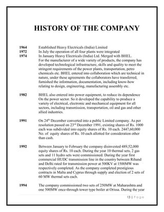 13 | P a g e
HISTORY OF THE COMPANY
1964 Established Heavy Electricals (India) Limited
1972 In July the operation of all four plants were integrated
1974 In January Heavy Electricals (India) Ltd. Merged with BHEL.
For the manufacturer of a wide variety of products, the company has
developed technological infrastructure, skills and quality to meet the
stringent requirements of the power plants, transportation, petro
chemicals etc. BHEL entered into collaboration which are technical in
nature, under these agreements the collaborators have transferred,
furnished the information, documentation, including know-how
relating to design, engineering, manufacturing assembly etc.
1982 BHEL also entered into power equipment, to reduce its dependence
On the power sector. So it developed the capability to produce a
variety of electrical, electronic and mechanical equipment for all
sectors, including transmission, transportation, oil and gas and other
allied industries.
1991 On 24th
December converted into a public Limited company. As per
resolution passed on 23rd
December 1991, existing shares of Rs. 1000
each was subdivided into equity shares of Rs. 10 each. 2447,60,000
No. of equity shares of Rs. 10 each allotted for consideration other
than cash.
1992 Between January to February the company disinvested 489,52,000
equity shares of Rs. 10 each. During the year 10 thermal sets, 2 gas
sets and 11 hydro sets were commissioned. During the year first
commercial HUDC transmission line in the country between Rihand
and Delhi rated for transmission power at 500KV at 1500MW was
respectively completed. As the company completed prestigious
contracts in Malta and Cyprus through supply and election of 2 sets of
60 MW thermal sets each.
1994 The company commissioned two sets of 250MW at Maharashtra and
one 500MW once-through tower type boiler at Orissa. During the year
 