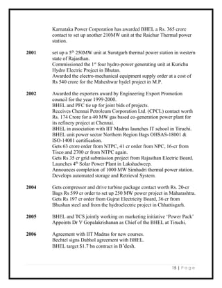 15 | P a g e
Karnataka Power Corporation has awarded BHEL a Rs. 365 crore
contact to set up another 210MW unit at the Raichur Thermal power
station.
2001 set up a 5th
250MW unit at Suratgarh thermal power station in western
state of Rajasthan.
Commissioned the 1st
four hydro-power generating unit at Kurichu
Hydro Electric Project in Bhutan.
Awarded the electro-mechanical equipment supply order at a cost of
Rs 540 crore for the Maheshwar hydel project in M.P.
2002 Awarded the exporters award by Engineering Export Promotion
council for the year 1999-2000.
BHEL and PFC tie up for joint bids of projects.
Receives Chennai Petroleum Corporation Ltd. (CPCL) contact worth
Rs. 174 Crore for a 40 MW gas based co-generation power plant for
its refinery project at Chennai.
BHEL in association with IIT Madras launches IT school in Tiruchi.
BHEL unit power sector Northern Region Bags OHSAS-18001 &
ISO-14001 certification.
Gets 63 crore order from NTPC, 41 cr order from NPC, 16-cr from
Tisco and 2700 cr from NTPC again.
Gets Rs 35 cr grid submission project from Rajasthan Electric Board.
Launches 4th
Solar Power Plant in Lakshadweep.
Announces completion of 1000 MW Simhadri thermal power station.
Develops automated storage and Retrieval System.
2004 Gets compressor and drive turbine package contact worth Rs. 20-cr
Bags Rs 599 cr order to set up 250 MW power project in Maharashtra.
Gets Rs 197 cr order from Gujrat Electricity Board, 36 cr from
Bhushan steel and from the hydroelectric project in Chhattisgarh.
2005 BHEL and TCS jointly working on marketing initiative ‘Power Pack’
Appoints Dr V Gopalakrishanan as Chief of the BHEL at Tiruchi.
2006 Agreement with IIT Madras for new courses.
Bechtel signs Dabhol agreement with BHEL.
BHEL target $1.7 bn contract in B’desh.
 