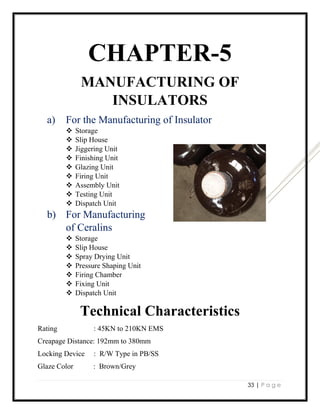 33 | P a g e
CHAPTER-5
MANUFACTURING OF
INSULATORS
a) For the Manufacturing of Insulator
 Storage
 Slip House
 Jiggering Unit
 Finishing Unit
 Glazing Unit
 Firing Unit
 Assembly Unit
 Testing Unit
 Dispatch Unit
b) For Manufacturing
of Ceralins
 Storage
 Slip House
 Spray Drying Unit
 Pressure Shaping Unit
 Firing Chamber
 Fixing Unit
 Dispatch Unit
Technical Characteristics
Rating : 45KN to 210KN EMS
Creapage Distance: 192mm to 380mm
Locking Device : R/W Type in PB/SS
Glaze Color : Brown/Grey
 