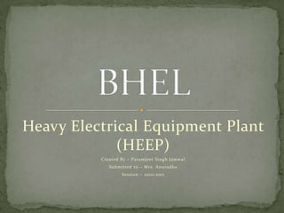 Heavy Electrical Equipment Plant
             (HEEP)
          Created By – Paramjeet Singh Jamwal
             Submitted to – Mrs. Anuradha
                  Session – 2010-2011
 