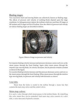 20
Blading stages:
Two successive fixed and moving blades are collectively known as blading stage.
The effects of pressure and velocity of working fluids depend upon the stage
conditions. In Ashuganj power station, the turbines which are used have 23 stages at
HP turbine and 21 stages at IP & LP turbine. Now the effects of pressure and velocity
on various blading stages are described in below:
Figure: Effects of stage on pressure and velocity.
For impulse blading velocity increases and pressure decreases across each row as the
steam passes through the fixed blading. Again when steam passes through the
impulse type moving blade, its velocity decreases, but its pressure remains constant
as shown in the figure.
For reaction blading velocity increases and the pressure decreases across each row as
the steam passes through the fixed blading. When steam passes through the reaction
type moving blade, its pressure and velocity both decreases as shown.
VALVES:
Steam from the boiler is routed to the turbine through a steam line that
contains the main stop valves and the control valves.
Main stop valves:
It is such a valve through which steam passes to the turbine blades. By controlling
this valve steam flow can be controlled. Each main stop valve consists of a valve
disk, a valve stem and a hydraulic actuator.
 