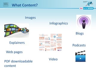What Content?
PDF downloadable
content
Web pages
Explainers
Images
Blogs
Infographics
Video
Podcasts
 