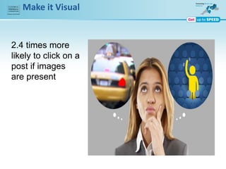 Make it Visual
2.4 times more
likely to click on a
post if images
are present
 