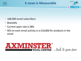 E-news is Measurable
• 168,000 email subscribers
• Biweekly
• Current open rate ± 28%
• ROI on each email activity is ± £10,000 for products in the
email
 