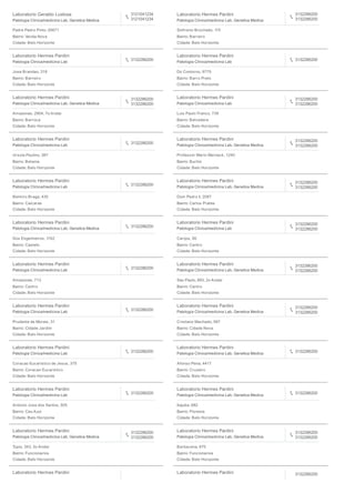 Laboratorio Geraldo Lustosa
Patologia Clinica/medicina Lab, Genetica Medica
3121041234
3121041234
Padre Pedro Pinto, 00671
Bairro: Venda Nova
Cidade: Belo Horizonte
Laboratorio Hermes Pardini
Patologia Clinica/medicina Lab, Genetica Medica
3132286200
3132286200
Sinfronio Brochado, 115
Bairro: Barreiro
Cidade: Belo Horizonte
Laboratorio Hermes Pardini
Patologia Clinica/medicina Lab
3132286200
Jose Brandao, 318
Bairro: Barreiro
Cidade: Belo Horizonte
Laboratorio Hermes Pardini
Patologia Clinica/medicina Lab
3132286200
Do Contorno, 9775
Bairro: Barro Preto
Cidade: Belo Horizonte
Laboratorio Hermes Pardini
Patologia Clinica/medicina Lab, Genetica Medica
3132286200
3132286200
Amazonas, 2904, 7o Andar
Bairro: Barroca
Cidade: Belo Horizonte
Laboratorio Hermes Pardini
Patologia Clinica/medicina Lab
3132286200
3132286200
Luis Paulo Franco, 739
Bairro: Belvedere
Cidade: Belo Horizonte
Laboratorio Hermes Pardini
Patologia Clinica/medicina Lab
3132286200
Ursula Paulino, 387
Bairro: Betania
Cidade: Belo Horizonte
Laboratorio Hermes Pardini
Patologia Clinica/medicina Lab, Genetica Medica
3132286200
3132286200
Professor Mario Werneck, 1240
Bairro: Buritis
Cidade: Belo Horizonte
Laboratorio Hermes Pardini
Patologia Clinica/medicina Lab
3132286200
Belmiro Braga, 430
Bairro: Caicaras
Cidade: Belo Horizonte
Laboratorio Hermes Pardini
Patologia Clinica/medicina Lab, Genetica Medica
3132286200
3132286200
Dom Pedro Ii, 2087
Bairro: Carlos Prates
Cidade: Belo Horizonte
Laboratorio Hermes Pardini
Patologia Clinica/medicina Lab, Genetica Medica
3132286200
Dos Engenheiros, 1162
Bairro: Castelo
Cidade: Belo Horizonte
Laboratorio Hermes Pardini
Patologia Clinica/medicina Lab
3132286200
3132286200
Carijos, 90
Bairro: Centro
Cidade: Belo Horizonte
Laboratorio Hermes Pardini
Patologia Clinica/medicina Lab
3132286200
Amazonas, 713
Bairro: Centro
Cidade: Belo Horizonte
Laboratorio Hermes Pardini
Patologia Clinica/medicina Lab, Genetica Medica
3132286200
3132286200
Sao Paulo, 893, 2o Andar
Bairro: Centro
Cidade: Belo Horizonte
Laboratorio Hermes Pardini
Patologia Clinica/medicina Lab
3132286200
Prudente de Morais, 31
Bairro: Cidade Jardim
Cidade: Belo Horizonte
Laboratorio Hermes Pardini
Patologia Clinica/medicina Lab, Genetica Medica
3132286200
3132286200
Cristiano Machado, 597
Bairro: Cidade Nova
Cidade: Belo Horizonte
Laboratorio Hermes Pardini
Patologia Clinica/medicina Lab 3132286200
Coracao Eucaristico de Jesus, 375
Bairro: Coracao Eucaristico
Cidade: Belo Horizonte
Laboratorio Hermes Pardini
Patologia Clinica/medicina Lab, Genetica Medica 3132286200
Afonso Pena, 4417
Bairro: Cruzeiro
Cidade: Belo Horizonte
Laboratorio Hermes Pardini
Patologia Clinica/medicina Lab
3132286200
Antonio Jose dos Santos, 505
Bairro: Ceu Azul
Cidade: Belo Horizonte
Laboratorio Hermes Pardini
Patologia Clinica/medicina Lab, Genetica Medica
3132286200
Itajuba, 682
Bairro: Floresta
Cidade: Belo Horizonte
Laboratorio Hermes Pardini
Patologia Clinica/medicina Lab, Genetica Medica
3132286200
3132286200
Tupis, 343, 3o Andar
Bairro: Funcionarios
Cidade: Belo Horizonte
Laboratorio Hermes Pardini
Patologia Clinica/medicina Lab, Genetica Medica
3132286200
3132286200
Barbacena, 670
Bairro: Funcionarios
Cidade: Belo Horizonte
Laboratorio Hermes Pardini Laboratorio Hermes Pardini 3132286200
 