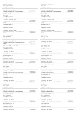 Goncalves Dias, 2891
Bairro: Santo Agostinho
Cidade: Belo Horizonte
Nossa Senhora do Carmo, 1275
Bairro: Sion
Cidade: Belo Horizonte
Laboratorio Hermes Pardini
Patologia Clinica/medicina Lab, Genetica Medica
3132286200
Julio Mesquita, 146
Bairro: Tirol
Cidade: Belo Horizonte
Laboratorio Hermes Pardini
Patologia Clinica/medicina Lab, Genetica Medica
3132286200
3132286200
Vilarinho, 901
Bairro: Venda Nova
Cidade: Belo Horizonte
Laboratorio Humberto Abrao
Patologia Clinica/medicina Lab, Anatomia Patologica e
Citopato
3121045700
3121045700
Cristiano Machado, 1837
Bairro: Cidade Nova
Cidade: Belo Horizonte
Laboratorio Humberto Abrao
Patologia Clinica/medicina Lab, Anatomia Patologica e
Citopato
3121045700
3121045700
Marilia de Dirceu, 219
Bairro: Lourdes
Cidade: Belo Horizonte
Laboratorio Humberto Abrao
Patologia Clinica/medicina Lab, Anatomia Patologica e
Citopato
3121045700
3121045700
Dos Bandeirantes, 722
Bairro: Mangabeiras
Cidade: Belo Horizonte
Laboratorio Humberto Abrao
Patologia Clinica/medicina Lab, Anatomia Patologica e
Citopato
3121045700
3121045700
Grao Para, 747
Bairro: Sao Lucas
Cidade: Belo Horizonte
Laboratorio Moises Salgado
Patologia Clinica/medicina Lab, Anatomia Patologica e
Citopato
3132416855
3132416855
Padre Rolim, 00051, Sala, 604 A 608
Bairro: Santa Eﬁgenia
Cidade: Belo Horizonte
Laboratorio Sao Marcos
Patologia Clinica/medicina Lab, Genetica Medica
3121040100
3121040100
Abilio Machado, 2325
Bairro: Alipio de Melo
Cidade: Belo Horizonte
Laboratorio Sao Marcos
Patologia Clinica/medicina Lab, Genetica Medica
3121040100
3121040100
Sinfronio Brochado, 261
Bairro: Barreiro
Cidade: Belo Horizonte
Laboratorio Sao Marcos
Patologia Clinica/medicina Lab, Genetica Medica
3121040100
3121040100
Sinfronio Brochado, 1020
Bairro: Barreiro
Cidade: Belo Horizonte
Laboratorio Sao Marcos
Patologia Clinica/medicina Lab, Genetica Medica
3121040100
3121040100
Ursula Paulino, 1409
Bairro: Betania
Cidade: Belo Horizonte
Laboratorio Sao Marcos
Patologia Clinica/medicina Lab
3121040100
3121040100
Professor Mario Werneck, 1311
Bairro: Buritis
Cidade: Belo Horizonte
Laboratorio Sao Marcos
Patologia Clinica/medicina Lab, Genetica Medica
3121040100
3121040100
Icarai, 538
Bairro: Caicara
Cidade: Belo Horizonte
Laboratorio Sao Marcos
Patologia Clinica/medicina Lab
3121040100
3121040100
Dos Engenheiros, 359
Bairro: Castelo
Cidade: Belo Horizonte
Laboratorio Sao Marcos
Patologia Clinica/medicina Lab, Genetica Medica
3121040100
3121040100
Amazonas, 322
Bairro: Centro
Cidade: Belo Horizonte
Laboratorio Sao Marcos
Patologia Clinica/medicina Lab, Genetica Medica
3121040100
3121040100
Sao Paulo, 901
Bairro: Centro
Cidade: Belo Horizonte
Laboratorio Sao Marcos
Patologia Clinica/medicina Lab, Genetica Medica
3121040100
3121040100
Cristiano Machado, 1710
Bairro: Cidade Nova
Cidade: Belo Horizonte
Laboratorio Sao Marcos
Patologia Clinica/medicina Lab
3121040100
3121040100
Cristiano Machado, 1731, Loja 1
Bairro: Cidade Nova Ii
Cidade: Belo Horizonte
Laboratorio Sao Marcos
Patologia Clinica/medicina Lab, Genetica Medica
3121040100
3121040100
Waldyr Soeiro Emrich, 116
Bairro: Diamante (barreiro)
Cidade: Belo Horizonte
Laboratorio Sao Marcos
Patologia Clinica/medicina Lab, Genetica Medica
3121040100
3121040100
Pouso Alegre, 1138
Bairro: Floresta
Cidade: Belo Horizonte
Laboratorio Sao Marcos 3121040100 Laboratorio Sao Marcos 3121040100
 