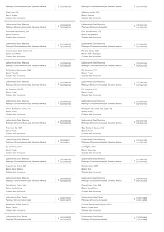 Patologia Clinica/medicina Lab, Genetica Medica 3121040100
Silva Lobo, 995
Bairro: Grajau
Cidade: Belo Horizonte
Patologia Clinica/medicina Lab, Genetica Medica 3121040100
Waldomiro Lobo, 670
Bairro: Guarani
Cidade: Belo Horizonte
Laboratorio Sao Marcos
Patologia Clinica/medicina Lab, Genetica Medica
3121040100
3121040100
Almirante Alexandrino, 147
Bairro: Gutierrez
Cidade: Belo Horizonte
Laboratorio Sao Marcos
Patologia Clinica/medicina Lab
3121040100
3121040100
Dos Bandeirantes, 120
Bairro: Mangabeiras
Cidade: Belo Horizonte
Laboratorio Sao Marcos
Patologia Clinica/medicina Lab, Genetica Medica
3121040100
3121040100
Conceicao do Mato Dentro, 340
Bairro: Ouro Preto
Cidade: Belo Horizonte
Laboratorio Sao Marcos
Patologia Clinica/medicina Lab, Genetica Medica
3121040100
3121040100
Para de Minas, 1035
Bairro: Padre Eustaquio
Cidade: Belo Horizonte
Laboratorio Sao Marcos
Patologia Clinica/medicina Lab, Genetica Medica
3121040100
3121040100
Dr Cristiano Guimaraes, 1742
Bairro: Planalto
Cidade: Belo Horizonte
Laboratorio Sao Marcos
Patologia Clinica/medicina Lab, Genetica Medica
3121040100
3121040100
Do Contorno, 7747
Bairro: Prado
Cidade: Belo Horizonte
Laboratorio Sao Marcos
Patologia Clinica/medicina Lab, Genetica Medica
3121040100
3121040100
Do Contorno, 00979
Bairro: Prado
Cidade: Belo Horizonte
Laboratorio Sao Marcos
Patologia Clinica/medicina Lab, Genetica Medica
3121040100
3121040100
Do Contorno, 9797
Bairro: Prado
Cidade: Belo Horizonte
Laboratorio Sao Marcos
Patologia Clinica/medicina Lab, Genetica Medica
3121040100
3121040100
Dr Ary Teixeira da Costa, 229
Bairro: Prado
Cidade: Belo Horizonte
Laboratorio Sao Marcos
Patologia Clinica/medicina Lab, Genetica Medica
3121040100
3121040100
Rodrigues da Cunha, 764, Lj 02 e 03
Bairro: Prado
Cidade: Belo Horizonte
Laboratorio Sao Marcos
Patologia Clinica/medicina Lab, Genetica Medica
3121040100
3121040100
Francisco Sa, 1435
Bairro: Prado
Cidade: Belo Horizonte
Laboratorio Sao Marcos
Patologia Clinica/medicina Lab, Genetica Medica
3121040100
3121040100
Sao Tomas de Aquino, 453
Bairro: Prado
Cidade: Belo Horizonte
Laboratorio Sao Marcos
Patologia Clinica/medicina Lab, Genetica Medica
3121040111
3121040111
Do Contorno, 9797
Bairro: Prado
Cidade: Belo Horizonte
Laboratorio Sao Marcos
Patologia Clinica/medicina Lab, Genetica Medica
3121040100
3121040100
Contagem, 2000
Bairro: Santa Ines
Cidade: Belo Horizonte
Laboratorio Sao Marcos
Patologia Clinica/medicina Lab, Genetica Medica
3121040100
3121040100
Augusto dos Anjos, 335
Bairro: Santa Monica
Cidade: Belo Horizonte
Laboratorio Sao Marcos
Patologia Clinica/medicina Lab, Genetica Medica
3121040100
3121040100
Bandeirantes, 1257
Bairro: Sion
Cidade: Belo Horizonte
Laboratorio Sao Marcos
Patologia Clinica/medicina Lab, Genetica Medica
3121040100
3121040100
Padre Pedro Pinto, 1663
Bairro: Venda Nova
Cidade: Belo Horizonte
Laboratorio Sao Marcos
Patologia Clinica/medicina Lab, Genetica Medica
3121040100
3121040100
Padre Pedro Pinto, 544
Bairro: Venda Nova
Cidade: Belo Horizonte
Laboratorio Sao Paulo
Patologia Clinica/medicina Lab
3125118675
3125118675
Amazonas, 00064, Sala 702
Bairro: Centro
Cidade: Belo Horizonte
Laboratorio Sao Paulo
Patologia Clinica/medicina Lab
3125313252
3125313252
Coronel Pedro Paulo Penido, 00022
Bairro: Cidade Nova
Cidade: Belo Horizonte
Laboratorio Sao Paulo
Patologia Clinica/medicina Lab
3121056526
3121056526
Laboratorio Sao Paulo
Patologia Clinica/medicina Lab
3125353493
3125353493
 