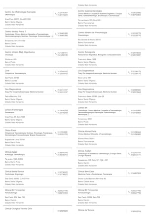 Cidade: Belo Horizonte
Centro de Oftalmologia Avancada
Oftalmologia
3132416347
3132416234
Grao Para, 00073, Conj 201/202
Bairro: Santa Eﬁgenia
Cidade: Belo Horizonte
Centro Gastroenterologico
Clinica Medica, Cirurgia do Aparelho Digestivo, Cirurgia
Geral, Gastroenterologia, Endoscopia, Colonoscopia
3132632000
3138794304
Pernambuco, 353, Conj 609
Bairro: Funcionarios
Cidade: Belo Horizonte
Centro Medico Praca 7
Cardiologia, Clinica Medica, Ortopedia e Traumatologia,
Otorrinolaringologia, Nutricao, Psicologia, Endocrinologia, [...]
3135465300
3135465300
Amazonas, 687, 5º Andar
Bairro: Centro
Cidade: Belo Horizonte
Centro Mineiro de Pneumologia
Pneumologia
3132228770
3132228770
Rio Grande do Norte, 00010
Bairro: Funcionarios
Cidade: Belo Horizonte
Centro Mineiro Med. Hiperbarica
Oncologia
3121266161
3121266199
Contorno, 495
Bairro: Prado
Cidade: Belo Horizonte
Centro Tomograﬁa
Ressonancia Magnetica, Tomograﬁa Computadorizada
3132819833
3132819897
Francisco Sales, 1428
Bairro: Santa Eﬁgenia
Cidade: Belo Horizonte
Ceot
Ortopedia e Traumatologia
3132918182
3132918182
Sao Paulo, 00185
Bairro: Lourdes
Cidade: Belo Horizonte
Ceu Diagnosticos
Diag. Por Imagemultrasonogra, Medicina Nuclear
3132288170
3132288170
Nova Lima, 499
Bairro: Santa Eﬁgenia
Cidade: Belo Horizonte
Ceu Diagnosticos
Diag. Por Imagemultrasonogra, Medicina Nuclear
3132413187
3132413187
Padre Marinho, 214
Bairro: Santa Eﬁgenia
Cidade: Belo Horizonte
Ceu Diagnosticos
Diag. Por Imagemultrasonogra, Medicina Nuclear
3132890500
3132813344
Francisco Sales, 00165, Loja 05
Bairro: Santa Eﬁgenia
Cidade: Belo Horizonte
Cinesio Fisioterapia
Fisioterapia
3132416259
3132416259
Grao Para, 85, Sala 1005
Bairro: Santa Eﬁgenia
Cidade: Belo Horizonte
Climed Bh
Cardiologia, Clinica Medica, Ortopedia e Traumatologia,
Otorrinolaringologia, Psicologia, Endocrinologia,
Neurologia[...]
3133192800
3133192804
Amazonas, 3060
Bairro: Prado
Cidade: Belo Horizonte
Clinca Fisior
Ortopedia e Traumatologia, Nutricao, Psicologia, Fisioterapia,
Dermatologia, Fonoaudiologia, Terapia Ocupacional
3131163000
3125331725
Augusto de Lima, 00194
Bairro: Barro Preto
Cidade: Belo Horizonte
Clinica Afonso Pena
Clinica Medica, Ortopedia e Traumatologia
3121056344
3121056300
Afonso Pena, 00243
Bairro: Funcionarios
Cidade: Belo Horizonte
Clinica Agape
Nutrologia, Dermatologia
3135040754
3135040754
Paracatu, 1026, Sl 802
Bairro: Barro Preto
Cidade: Belo Horizonte
Clinica Avellan
Ginecologia e Obstetricia, Dermatologia, Cirurgia Geral,
Cirurgia Plastica
3132242141
3132242141
Guajajaras,, 328, Sala 101, 102 e 107
Bairro: Centro
Cidade: Belo Horizonte
Clinica Baeta Vianna
Cardiologia, Angiologia
3132730522
3132730522
Dos Otoni, 00090, Cj 1107/1111
Bairro: Santa Eﬁgenia
Cidade: Belo Horizonte
Clinica Bem Estar
Medicina Fisica e Reabilitacao, Fisioterapia 3134867003
Doutor Julio Otaviano Ferreira, 88
Bairro: Cidade Nova
Cidade: Belo Horizonte
Clinica Bh Fonocenter
Fonoaudiologia
3425527706
3438216403
Sao Paulo, S/N, Sala 706
Bairro: Centro
Cidade: Belo Horizonte
Clinica Bh Fonocenter
Fonoaudiologia
3125527706
3125527706
Sao Paulo, 00089, Sala 706
Bairro: Centro
Cidade: Belo Horizonte
Clinica Cirurgica Trauma One
3132925929 Clinica da Tontura
3130553224
 