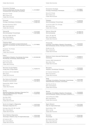 Cidade: Belo Horizonte Cidade: Belo Horizonte
Oncocentro Oncologia
Nutricao, Anestesiologia, Oncologia, Tomograﬁa
Computadorizada, Hematologia e Hemoterapia
3121268621
Roma, 26, 4 º Andar
Bairro: Santa Lucia
Cidade: Belo Horizonte
Oncocentro Oncologia
Oncologia, Hematologia e Hemoterapia
3121268621
3121268600
Roma, 26, 4º Andar
Bairro: Santa Lucia
Cidade: Belo Horizonte
Oncomed
Oncologia, Hematologia e Hemoterapia
3132991329
3132991324
Bernardo Guimaraes, 00310
Bairro: Santo Agostinho
Cidade: Belo Horizonte
Otologica
Otorrinolaringologia, Fonoaudiologia
3132955556
3125353307
Juiz de Fora, 00011, 9º e 13º Andar
Bairro: Barro Preto
Cidade: Belo Horizonte
Otomed Bh
Otorrinolaringologia, Fonoaudiologia
3132732000
3132732000
Dos Otoni, 00088, Sala 402
Bairro: Santa Eﬁgenia
Cidade: Belo Horizonte
Otorrino Clinica Bh
Otorrinolaringologia
03135821191
03135821191
Ceara, 195, Sala 708
Bairro: Santa Eﬁgenia
Cidade: Belo Horizonte
Policlinica Salud
Cardiologia, Clinica Medica, Cirurgia Cardiovascular,
Ortopedia e Traumatologia, Otorrinolaringologia, Acupuntura,
N[...]
3131158620
Amazonas, 115, 6º Andar
Bairro: Centro
Cidade: Belo Horizonte
Primacordis
Cardiologia, Clinica Medica, Ortopedia e Traumatologia,
Otorrinolaringologia, Nutricao, Psicologia, Endocrinologia, [...]
3130539497
3130539497
Alcides Lins, 320
Bairro: Venda Nova
Cidade: Belo Horizonte
Pulsus
Clinica Medica, Ortopedia e Traumatologia, Neurologia,
Reumatologia, Dermatologia, Gastroenterologia
03125381800
Afonso Pena, 2436
Bairro: Funcionarios
Cidade: Belo Horizonte
Radiocare Centro Avancado Radioterapia
Radioterapia
3133350131
3133350131
Contorno, 9530, Ambulatorio B
Bairro: Barro Preto
Cidade: Belo Horizonte
Ravvivare Cirurgia Plastica
Cirurgia Geral, Cirurgia Plastica
3132813713
Do Contorno, 4747, Sl 1005/1006
Bairro: Serra
Cidade: Belo Horizonte
Recuperar
Ortopedia e Traumatologia, Fisioterapia
3132234622
3132234622
Av Cristovao Colombo, 519
Bairro: Funcionarios
Cidade: Belo Horizonte
Rns Centro de Tomograﬁa
Tomograﬁa Computadorizada
3132736579
3132736579
Ezequiel Dias, 00038, 1º Andar
Bairro: Centro
Cidade: Belo Horizonte
Sedig
Cardiologia, Clinica Medica, Pneumologia, Coloproctologia,
Gastroenterologia, Endoscopia, Colonoscopia
3132412854
3132411455
Grao Para, 85, Terreo
Bairro: Santa Eﬁgenia
Cidade: Belo Horizonte
Sermig
Ressonancia Magnetica, Radiologia e Diagnostico Por I,
Diag. Por Imagemultrasonogra, Tomograﬁa
Computadorizada[...]
3121220044
3132247903
Dos Otoni, 00071
Bairro: Sao Lucas
Cidade: Belo Horizonte
Servcor
Cardiologia, Clinica Medica, Ortopedia e Traumatologia,
Otorrinolaringologia, Pediatria, Ginecologia e Obstetricia, [...]
3134393000
3134393004
Jose do Patrocinio, 00052
Bairro: Santa Monica
Cidade: Belo Horizonte
Servico de Imagem e Diagnostica
Radiologia e Diagnostico Por I
3132181904
3132181904
Domingos Vieira, 587, 587, Conj 520
Bairro: Santa Eﬁgenia
Cidade: Belo Horizonte
Sigma Ultrasom
Diag. Por Imagemultrasonogra
3132137087
3132226455
Espirito Santo, 1739
Bairro: Lourdes
Cidade: Belo Horizonte
Sonar Medicina Diagnostica
Ginecologia e Obstetricia, Diag. Por Imagemultrasonogra
3132414546
3132414546
Do Contorno, 3871
Bairro: Santa Eﬁgenia
Cidade: Belo Horizonte
Sonomed
Pneumologia
3132913001
3132913001
Rio Grande do Sul, 1080
Bairro: Santo Agostinho
Cidade: Belo Horizonte
 