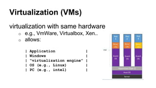 Virtualization (VMs)
virtualization with same hardware
o e.g., VmWare, Virtualbox, Xen..
o allows:
| Application |
| Windo...