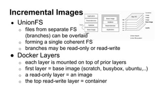 Incremental Images
● UnionFS
o files from separate FS
(branches) can be overlaid
o forming a single coherent FS
o branches...