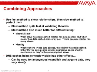 Copyright© 2004 Avaya Inc. All rights reserved 14
Combining Approaches
• Use fast method to show relationships, then slow method to
perfect them
– Slow method quite fast at validating theories
– Slow method also much better for differentiating:
• Master/Slave
– When slave has data cached, master has data cached. But when
master has data cached, slave may not. This is because master has
many slaves.
• Identity
– Whenever one IP has data cached, the other IP has data cached.
Either they’re doing some strange aggressive cache sharing
mechanism or they’re the same physical server
• DNS caches being remotely visible has other effects…
– Can be used to (anonymously) publish and acquire data, very
very slowly.
 