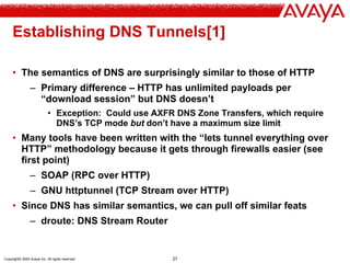 Copyright© 2004 Avaya Inc. All rights reserved 27
Establishing DNS Tunnels[1]
• The semantics of DNS are surprisingly similar to those of HTTP
– Primary difference – HTTP has unlimited payloads per
“download session” but DNS doesn’t
• Exception: Could use AXFR DNS Zone Transfers, which require
DNS’s TCP mode but don’t have a maximum size limit
• Many tools have been written with the “lets tunnel everything over
HTTP” methodology because it gets through firewalls easier (see
first point)
– SOAP (RPC over HTTP)
– GNU httptunnel (TCP Stream over HTTP)
• Since DNS has similar semantics, we can pull off similar feats
– droute: DNS Stream Router
 