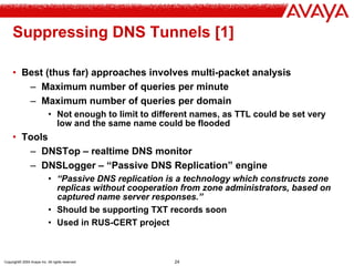 Copyright© 2004 Avaya Inc. All rights reserved 24
Suppressing DNS Tunnels [1]
• Best (thus far) approaches involves multi-...