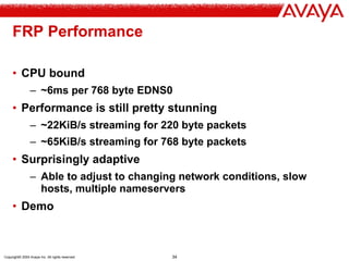 Copyright© 2004 Avaya Inc. All rights reserved 34
FRP Performance
• CPU bound
– ~6ms per 768 byte EDNS0
• Performance is s...