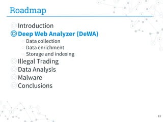 Roadmap
◎Introduction
◎Deep Web Analyzer (DeWA)
○ Data collection
○ Data enrichment
○ Storage and indexing
◎Illegal Trading
◎Data Analysis
◎Malware
◎Conclusions
13
 