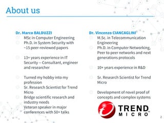 Dr. Vincenzo CIANCAGLINI
◎ M.Sc. in Telecommunication
Engineering
◎ Ph.D. in Computer Networking,
Peer to peer networks and next
generations protocols
◎ 10+ years experience in R&D
◎ Sr. Research Scientist for Trend
Micro
◎ Development of novel proof of
concepts and complex systems
About us
Dr. Marco BALDUZZI
◎ MSc in Computer Engineering
◎ Ph.D. in System Security with
~15 peer-reviewed papers
◎ 13+ years experience in IT
Security -- Consultant, engineer
and researcher
◎ Turned my hobby into my
profession
◎ Sr. Research Scientist for Trend
Micro
◎ Bridge scientific research and
industry needs
◎ Veteran speaker in major
conferences with 50+ talks
2
 