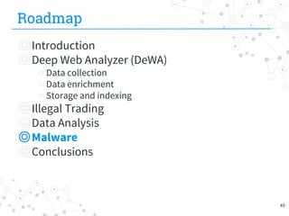 Roadmap
◎Introduction
◎Deep Web Analyzer (DeWA)
○ Data collection
○ Data enrichment
○ Storage and indexing
◎Illegal Trading
◎Data Analysis
◎Malware
◎Conclusions
49
 