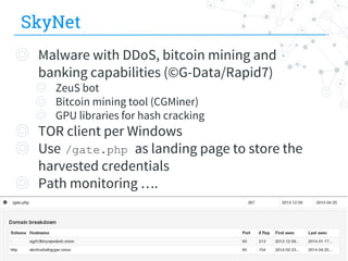 SkyNet
◎ Malware with DDoS, bitcoin mining and
banking capabilities (©G-Data/Rapid7)
◎ ZeuS bot
◎ Bitcoin mining tool (CGMiner)
◎ GPU libraries for hash cracking
◎ TOR client per Windows
◎ Use /gate.php as landing page to store the
harvested credentials
◎ Path monitoring ….
51
 