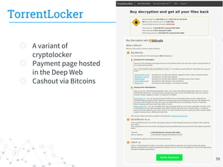 59
TorrentLocker
◎ A variant of
cryptolocker
◎ Payment page hosted
in the Deep Web
◎ Cashout via Bitcoins
 