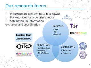 ◎ Infrastructure resilient to LE takedowns
◎ Marketplaces for cybercrime goods
◎ Safe haven for information
exchange and coordination
Our research focus
Dark Web
• TOR
• I2P
• Freenet
Custom DNS
• Namecoin
• Emercoin
Rogue TLDs
• Cesidian Root
• OpenNIC
• NewNations
• …
7
 