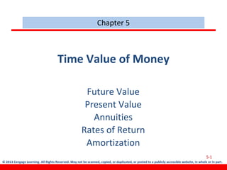 © 2013 Cengage Learning. All Rights Reserved. May not be scanned, copied, or duplicated, or posted to a publicly accessible website, in whole or in part.
Time Value of Money
Future Value
Present Value
Annuities
Rates of Return
Amortization
Chapter 5
5-1
 