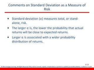 © 2013 Cengage Learning. All Rights Reserved. May not be scanned, copied, or duplicated, or posted to a publicly accessible website, in whole or in part.
Comments on Standard Deviation as a Measure of
Risk
• Standard deviation (σi) measures total, or stand-
alone, risk.
• The larger σi is, the lower the probability that actual
returns will be close to expected returns.
• Larger σi is associated with a wider probability
distribution of returns.
8-13
 