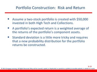 © 2013 Cengage Learning. All Rights Reserved. May not be scanned, copied, or duplicated, or posted to a publicly accessible website, in whole or in part.
Portfolio Construction: Risk and Return
• Assume a two-stock portfolio is created with $50,000
invested in both High Tech and Collections.
• A portfolio’s expected return is a weighted average of
the returns of the portfolio’s component assets.
• Standard deviation is a little more tricky and requires
that a new probability distribution for the portfolio
returns be constructed.
8-19
 