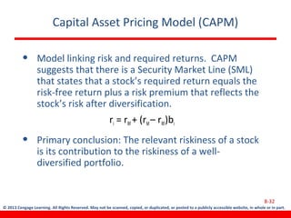 © 2013 Cengage Learning. All Rights Reserved. May not be scanned, copied, or duplicated, or posted to a publicly accessible website, in whole or in part.
Capital Asset Pricing Model (CAPM)
• Model linking risk and required returns. CAPM
suggests that there is a Security Market Line (SML)
that states that a stock’s required return equals the
risk-free return plus a risk premium that reflects the
stock’s risk after diversification.
ri = rRF+ (rM– rRF)bi
• Primary conclusion: The relevant riskiness of a stock
is its contribution to the riskiness of a well-
diversified portfolio.
8-32
 