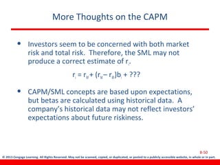 © 2013 Cengage Learning. All Rights Reserved. May not be scanned, copied, or duplicated, or posted to a publicly accessible website, in whole or in part.
More Thoughts on the CAPM
• Investors seem to be concerned with both market
risk and total risk. Therefore, the SML may not
produce a correct estimate of ri.
ri = rRF+ (rM– rRF)bi + ???
• CAPM/SML concepts are based upon expectations,
but betas are calculated using historical data. A
company’s historical data may not reflect investors’
expectations about future riskiness.
8-50
 
