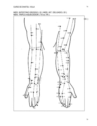 CURSO DE SHIATSU - KOJJI 70
70
MER. INTESTINO GROSSO ( IG ) MER. INT. DELGADO ( ID )
MER. TRIPLO AQUECEDOR ( TA ou TR )
PONTOS DOS BRAÇOS. MER. PULMÃO ( P ) MER. CIRCULAÇÃO-SEXO ( CS )
MER. CORAÇÃO ( C ) MER. INTESTINO DELGADO ( ID )
 