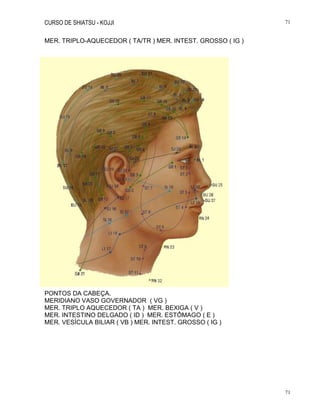 CURSO DE SHIATSU - KOJJI 71
71
MER. TRIPLO-AQUECEDOR ( TA/TR ) MER. INTEST. GROSSO ( IG )
PONTOS DA CABEÇA.
MERIDIANO VASO GOVERNADOR ( VG )
MER. TRIPLO AQUECEDOR ( TA ) MER. BEXIGA ( V )
MER. INTESTINO DELGADO ( ID ) MER. ESTÔMAGO ( E )
MER. VESÍCULA BILIAR ( VB ) MER. INTEST. GROSSO ( IG )
 