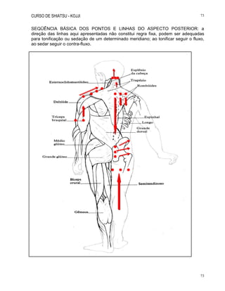 CURSO DE SHIATSU - KOJJI 73
73
SEQÜÊNCIA BÁSICA DOS PONTOS E LINHAS DO ASPECTO POSTERIOR: a
direção das linhas aqui apresentadas não constitui regra fixa, podem ser adequadas
para tonificação ou sedação de um determinado meridiano; ao tonificar seguir o fluxo,
ao sedar seguir o contra-fluxo.
 